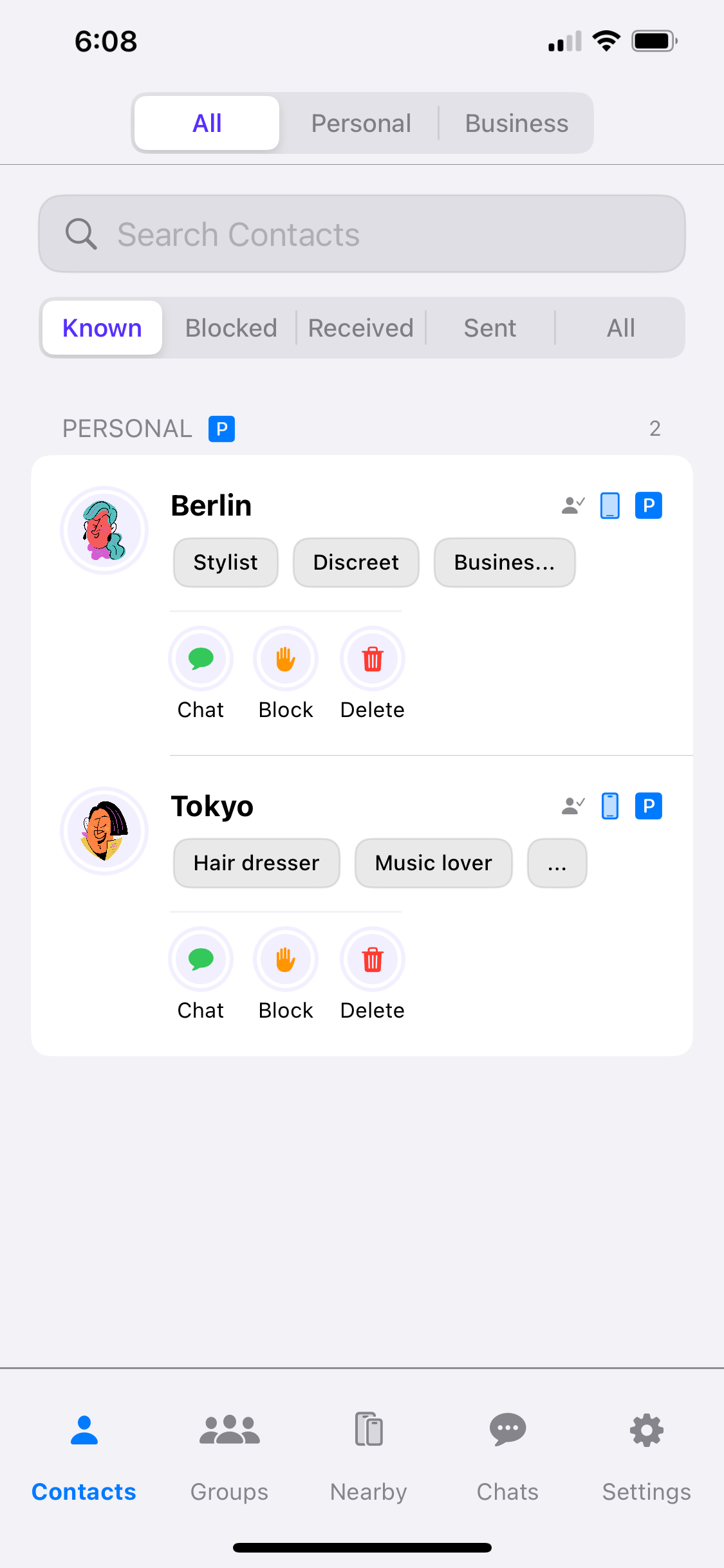 Contacts list with filters and tags