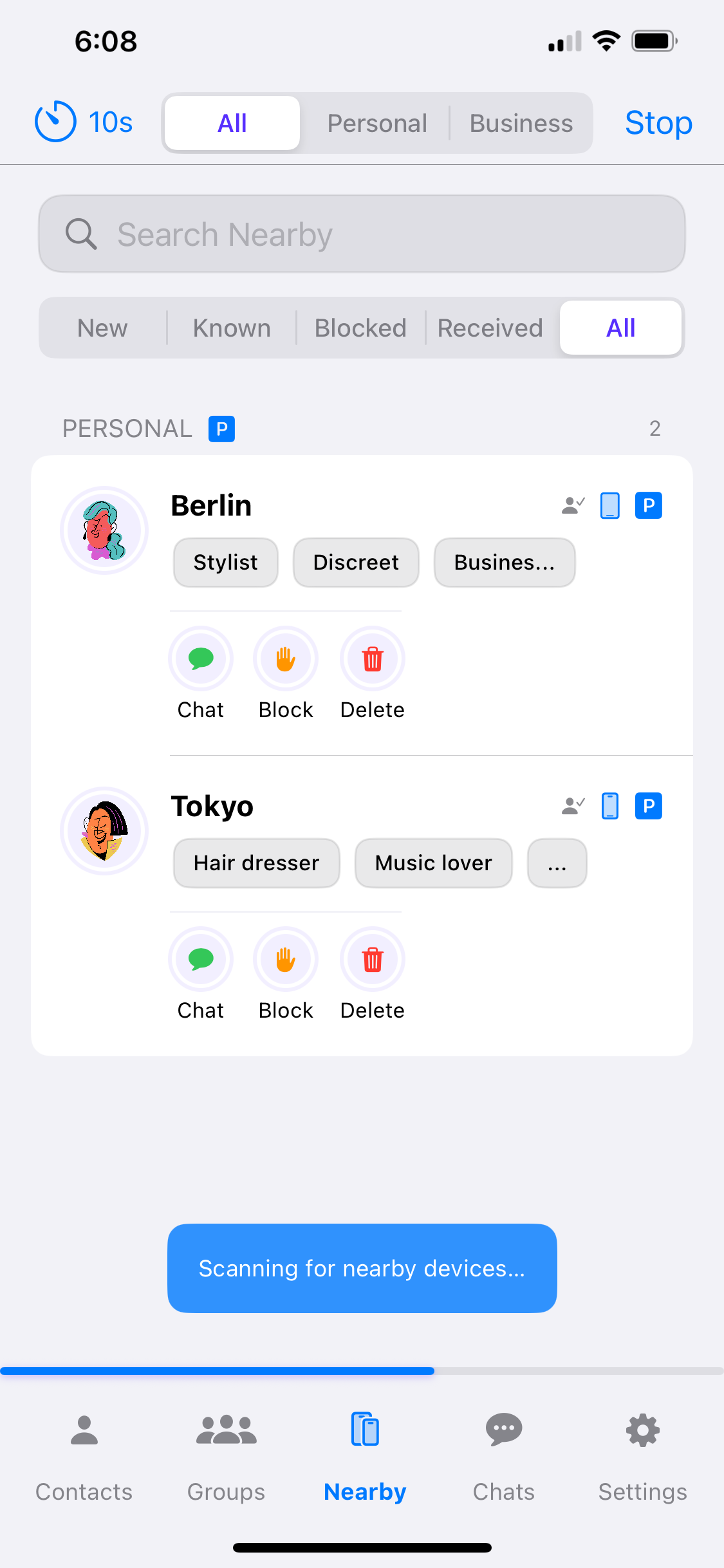 Nearby screen — scanning and results
